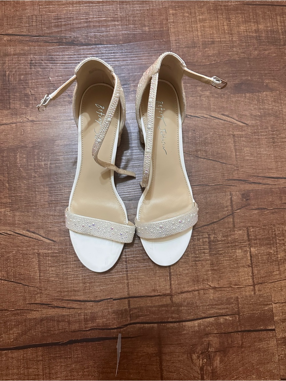 Betsey Johnson Nude Beige Ankle-Strap Open-Toe Heels with Subtle Sparkle